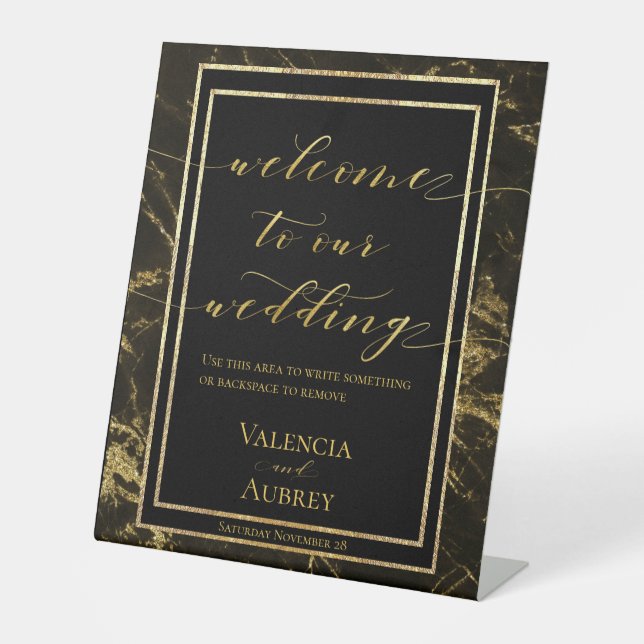 Signe De Table Nuits En Granite & Or Bienvenue À Notre Mariage (Recto)