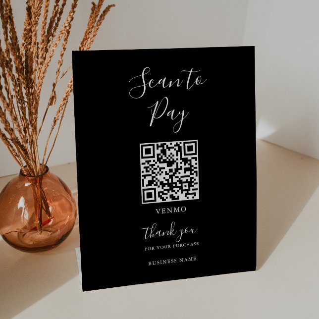 Signe De Table Numérisation de QR noir simple et moderne pour pay (Créateur téléchargé)