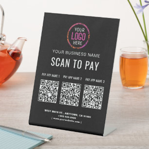 Signe De Table Numériser pour payer 3 codes QR Logo d'entreprise