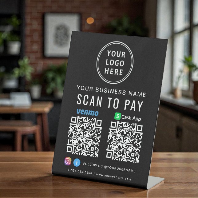 Signe De Table Numériser pour payer Logo CashApp Venmo QR Codes n (Scan to Pay Logo CashApp Venmo QR Codes Black Pedestal Sign)
