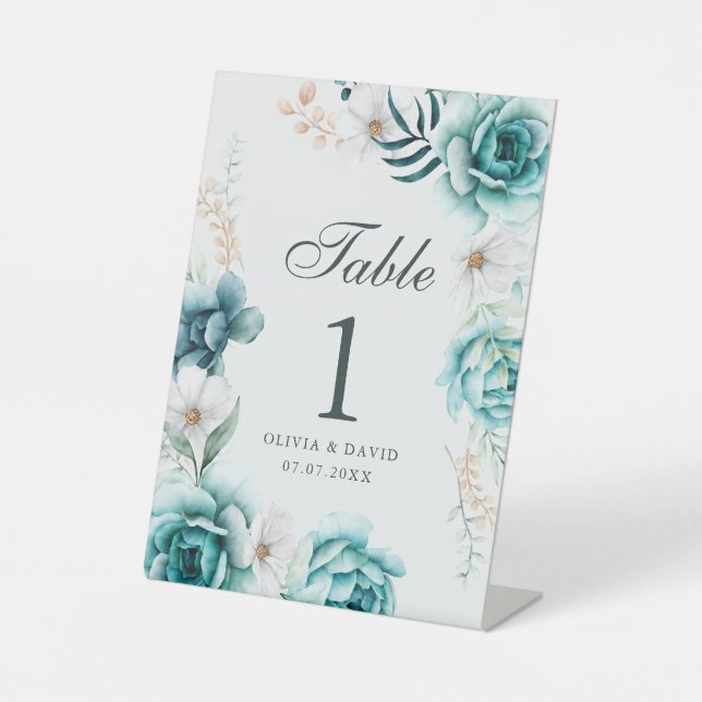 Signe De Table Numéro de table de Mariage Fleur sauvage turquoise (Recto)