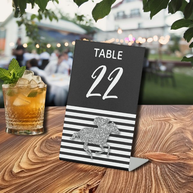 Signe De Table Numéro de table Derby Silver Racehorse (Silver Racehorse Black White Stripes Pedestal Sign)