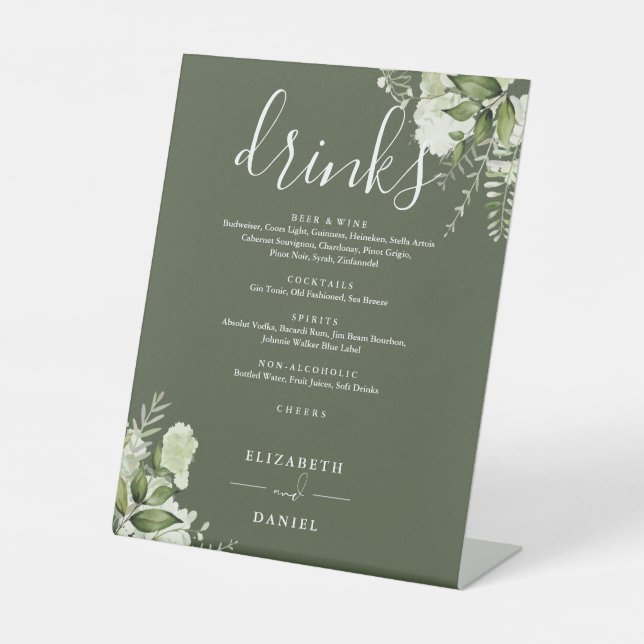 Signe De Table Olive Green Floral Greenery Mariage Boissons Menu (Recto)