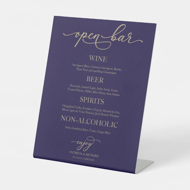 Signe De Table Open Bar Elegant Gold Navy Mariage bleu (Recto)