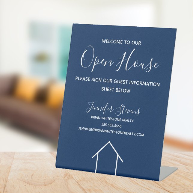 Signe De Table Open House Custom Real Estate Company Navy Blue (Créateur téléchargé)