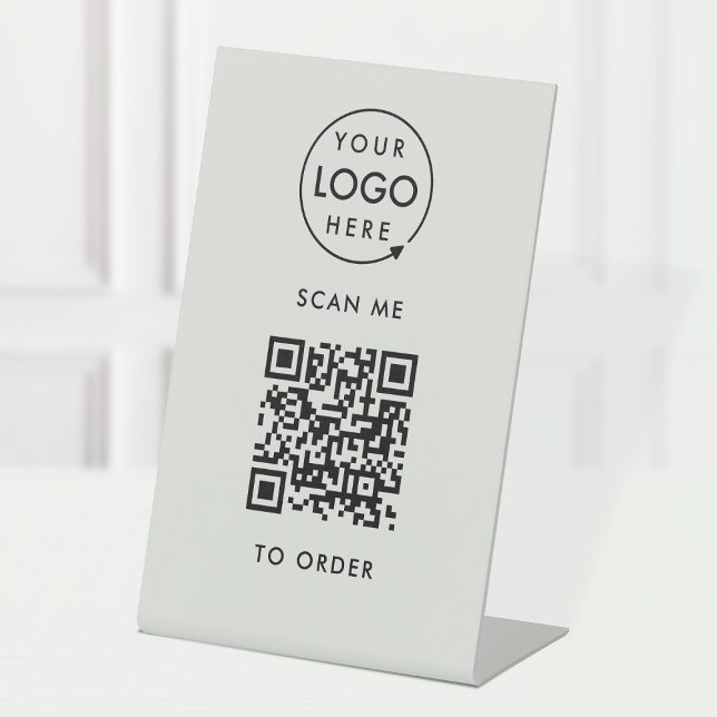 Signe De Table Ordre de lieu du code QR | Logo d'entreprise gris  (Interactive "scan to order" QR code table signs for restaurants, bars, cafes & hospitality events.)