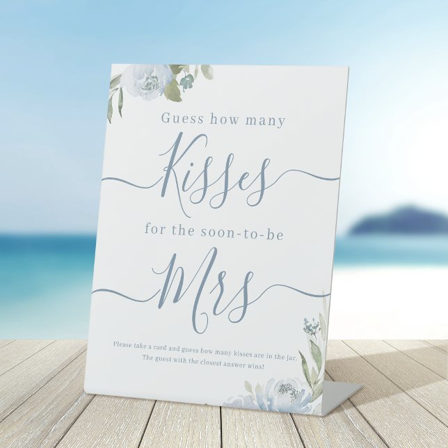 Signe De Table Pancarte de jeu devinez combien de baisers bleu po (Dusty blue floral share a memory bridal shower pedestal sign)