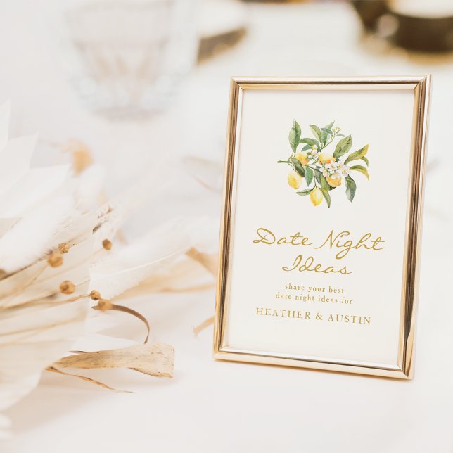 Signe De Table Pancarte de Nuit de Rendez-vous pour Mariage avec  (Watercolor Lemon Floral Date Night Bridal Shower Sign by Painted Paperie
)