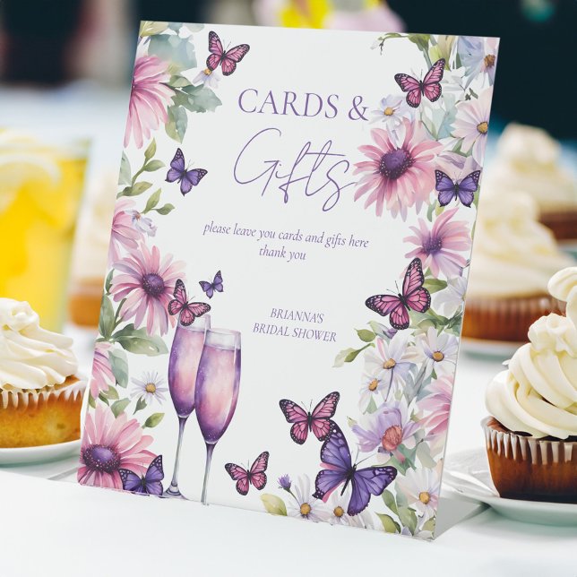 Signe De Table Papillons violet nuptiale cadeaux (Lifetime of Butterflies purple pink daisies bridal shower gifts and cards pedestal sign template)