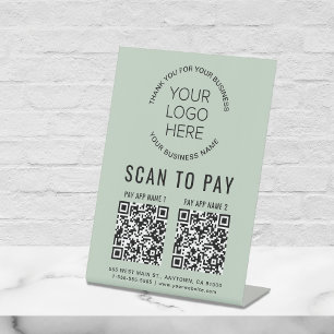Signe De Table Payer 2 codes QR affaires Logo Vert Sauge Scannez