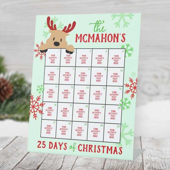 Signe De Table Peeking Reinder 25 Jours d'activité de Noël (25 Days of Christmas Holiday Activity Pedestal Sign. Peeking Deer Design, Other Designs Available)