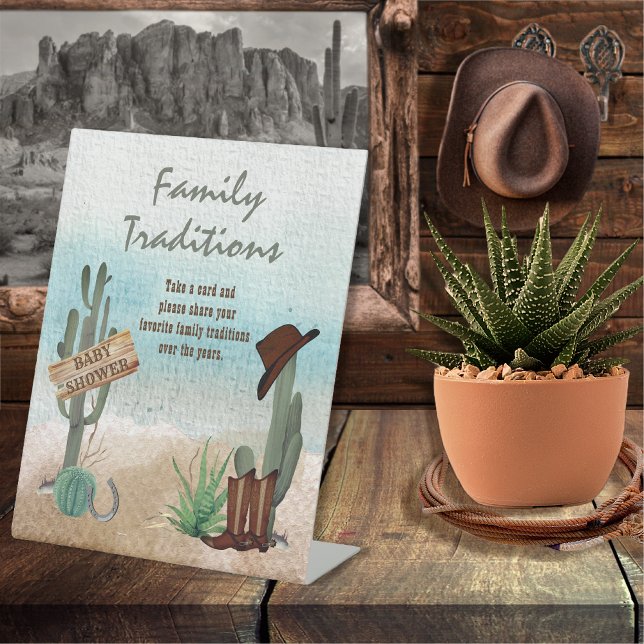 Signe De Table Petite Cowboy Western Douche Traditions familiales (Rustic Western Boy Baby Shower Family Traditions Pedestal Sign -- "A Little Cowboy Is On His Way" )
