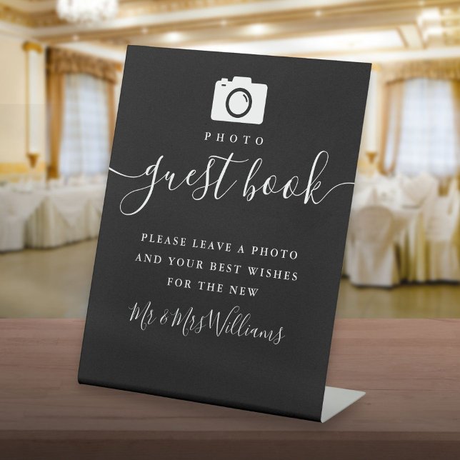 Signe De Table Photo Livre D'Invité Script De Signature Noir Et B (Photo Guest Book Black And White Signature Script Pedestal Sign)