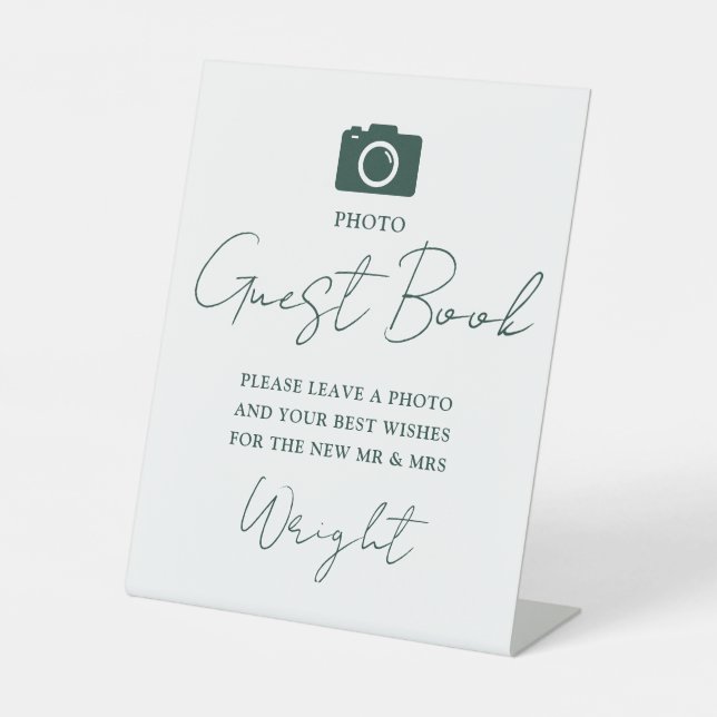 Signe De Table Photo Livre d'invité Script Emerald Green Mariage (Recto)