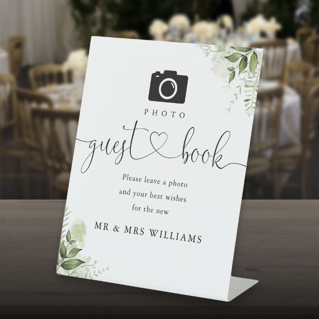 Signe De Table Photo Livre d'invité Végétation Floral Coeur Scrip (Photo Guest Book Greenery Floral Heart Script Pedestal Sign)
