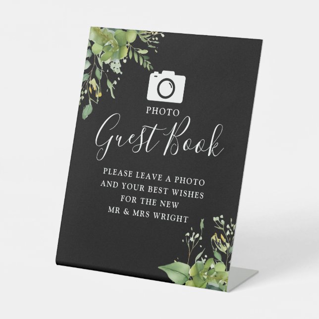Signe De Table Photo Livre Guest Greenery Mariage noir et blanc (Recto)