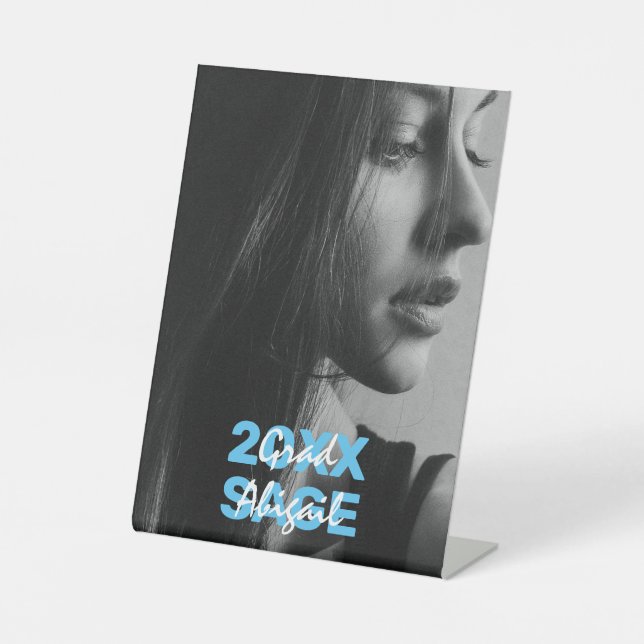 Signe De Table Photo moderne Bleu et Blanc Graduation (Recto)