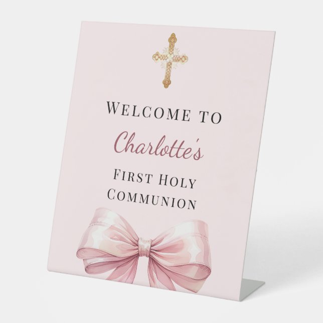 Signe De Table Pink blush bow First Holy Communion welcome (Recto)