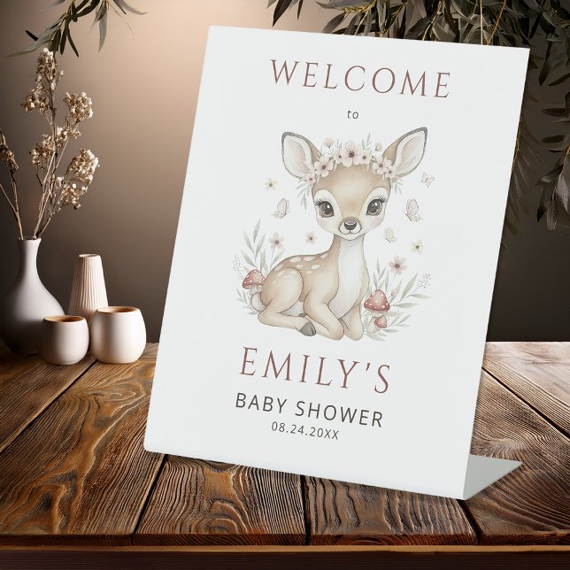 Signe De Table Pink Blush Woodland Deer Girl Welcome Baby Shower (Créateur téléchargé)