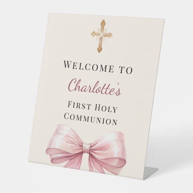 Signe De Table Pink bow blush ivory First Holy Communion welcome (Recto)