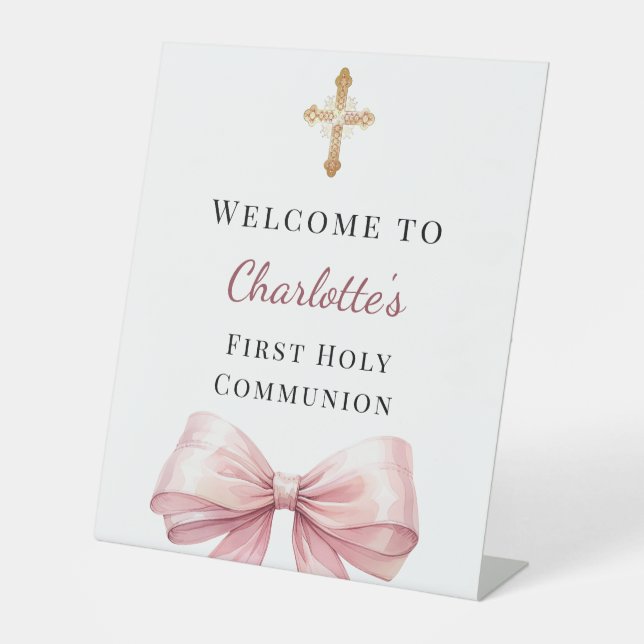 Signe De Table Pink bow photo First Holy Communion welcome (Recto)