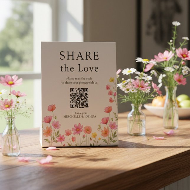 Signe De Table Pink Orange Wildflower Wedding QR Code (QR Code sign from the Wildflower Bloom wedding collection by Darling & May)