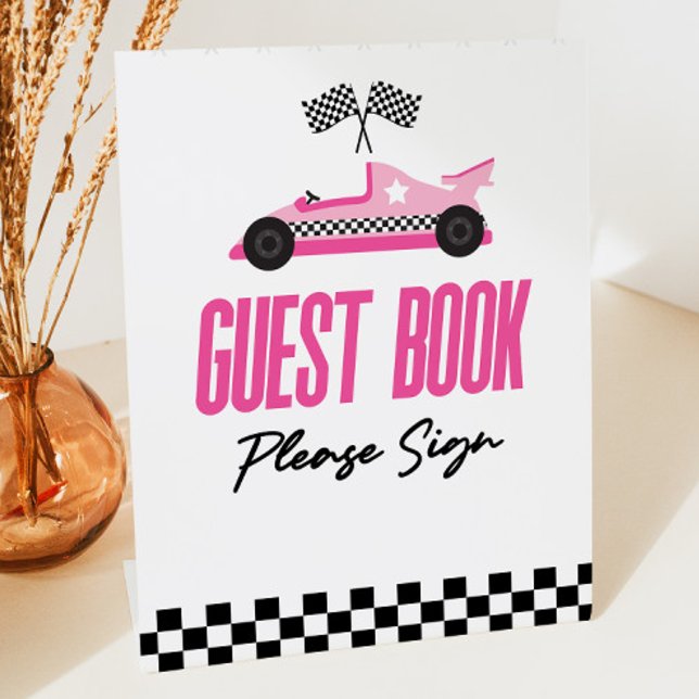 Signe De Table Pink Race Car Racecar Invité Book Party (Créateur téléchargé)