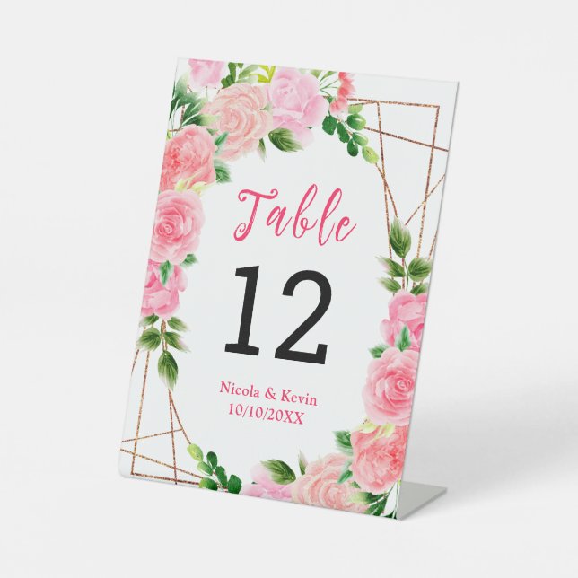 Signe De Table Pink Roses with Foliage Wedding Table Number (Recto)