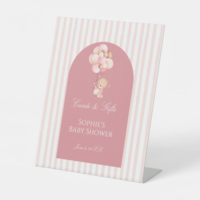 Signe De Table Pink Stripes Balloons Cute Teddy Bear Cards & Gift (Recto)