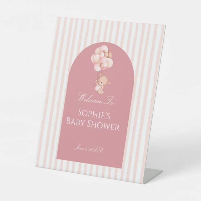 Signe De Table Pink Stripes Balloons Cute Teddy Bear Welcome (Recto)