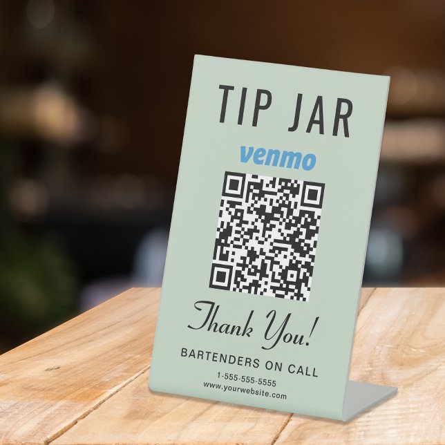 Signe De Table Porte-monnaie Venmo QR Code Vert Sauge Dessus de t (Empower your customers to tip conveniently and securely with just a scan – no more fumbling for cash)