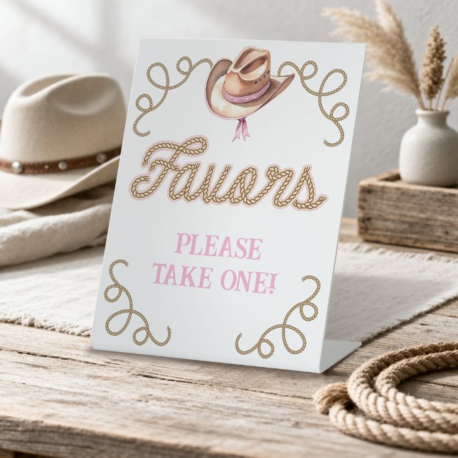 Signe De Table Préférences de Premier Rodéo Rose (Pink First Rodeo Favors Pedestal Sign)