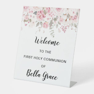 Signe De Table Première communion florale rose pâle Bienvenue