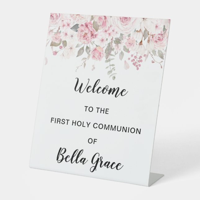 Signe De Table Première communion florale rose pâle Bienvenue (Recto)