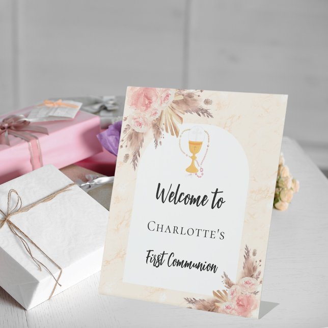 Signe De Table Première communion rose or pêche arc accueil (Créateur téléchargé)