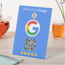 Présentoir bleu pour les avis Google avec QR Code