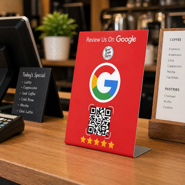 Signe De Table Présentoir d'entreprise avec avis Google rouge et  (Red Google Review Business Stand with QR Code Pedestal Sign
)