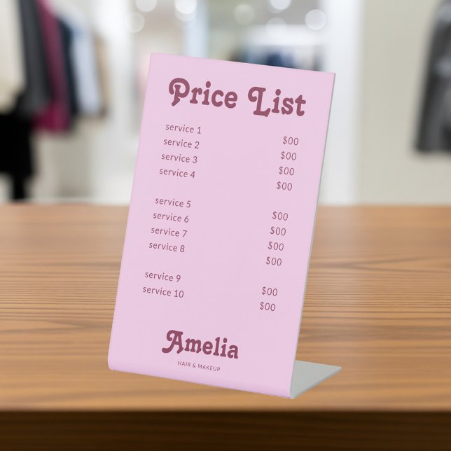 Signe De Table Price List Service Retro Pink  (Créateur téléchargé)