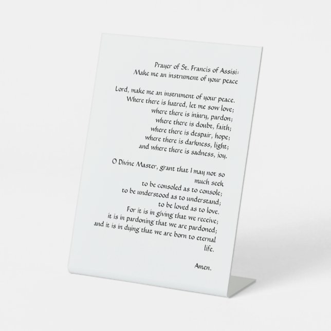 Signe De Table Prière de Paix par saint François d'Assise (Recto)