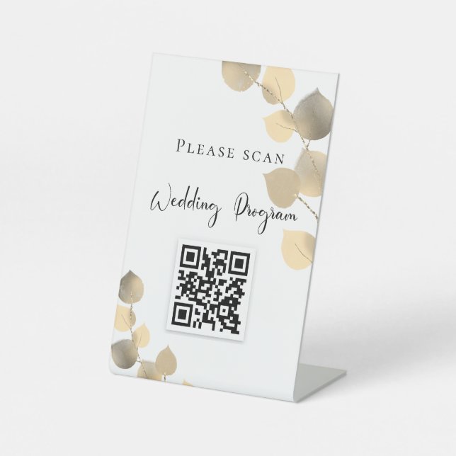 Signe De Table Programme de mariage QR code eucalyptus or (Recto)