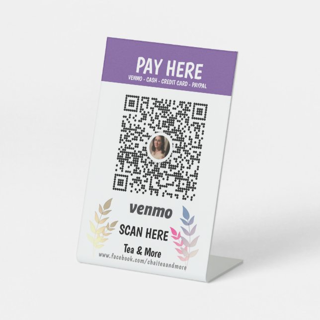Signe De Table Purple Floral Ajouter QR Code Venmo Payer ici (Recto)