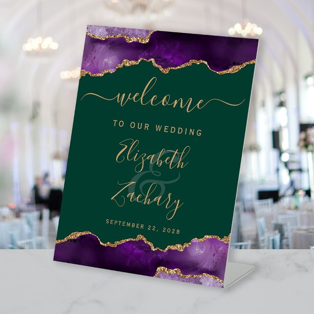 Signe De Table Purple Gold Agate Emerald Green Wedding Welcome (Créateur téléchargé)