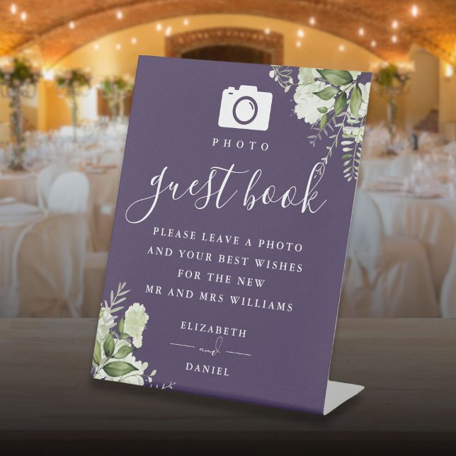 Signe De Table Purple Greenery Photo Mariage du livre d'invité (Purple Greenery Photo Guest Book Wedding Pedestal Sign)