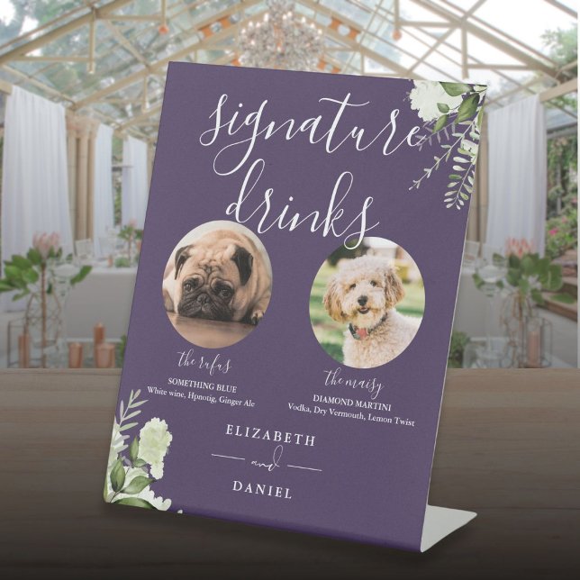 Signe De Table Purple Mariage Pet Chien Signature Boissons (Purple Wedding Pet Dog Signature Drinks Pedestal Sign)