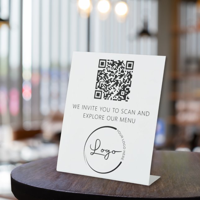 Signe De Table QR Code Menu Blanc Logo Restaurant Moderne (Créateur téléchargé)