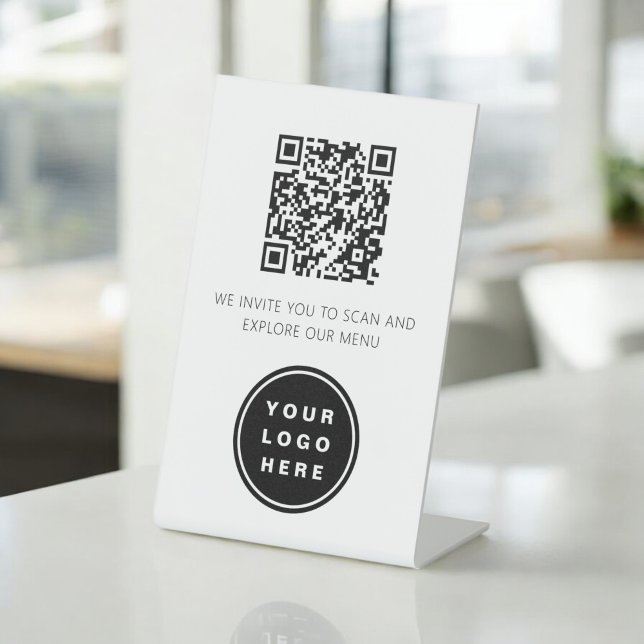 Signe De Table QR Code Menu Blanc Logo Restaurant Moderne (Créateur téléchargé)