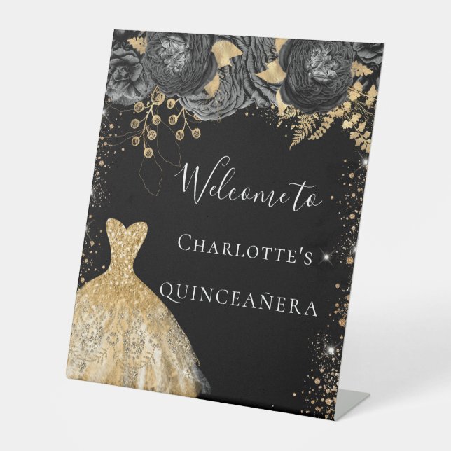 Signe De Table Quinceanera robe or noir fleurs bienvenue (Recto)
