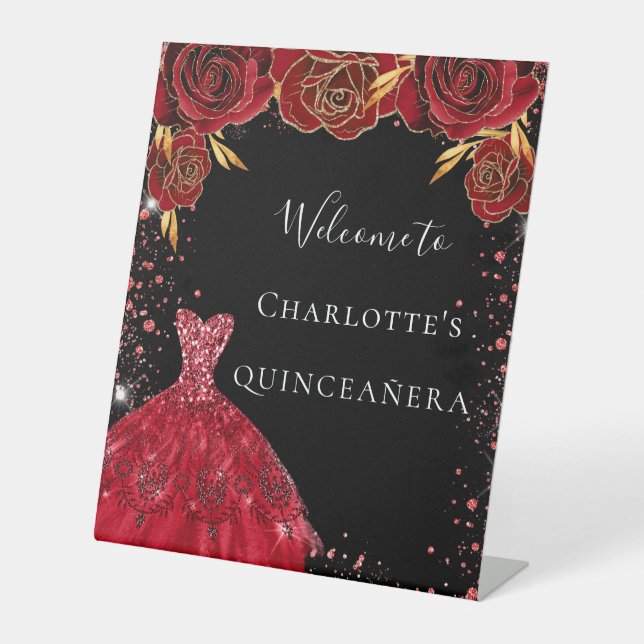 Signe De Table Quinceanera rouge noir fleurs de robe bienvenue (Recto)