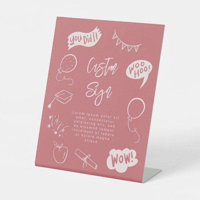 Signe De Table Quirky Doodle Graduation Party Blush Rose Personna (Recto)
