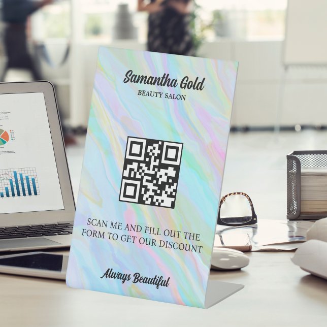 Signe De Table Rainbow Holographic Qr Code Scan Pour Se Connecter (Rainbow Holographic Qr Code Scan To Connect Pedestal Sign)